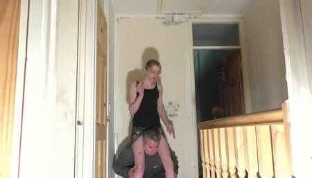 Chelsea Shoulder Ride On The Landing In a Skirt Whilst Smoking A Cigarette