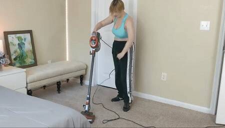 Vacuuming in Sports Bra and Adidas Track Pants