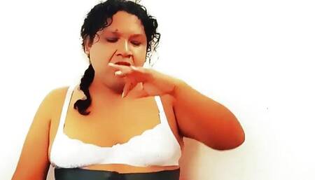 Fat shemale in lingerie masturbates and squirts delicious cum for her audience