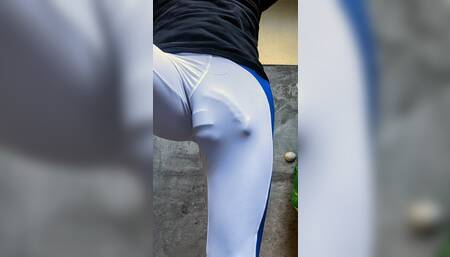 Big cock and heavy balls bulging in public